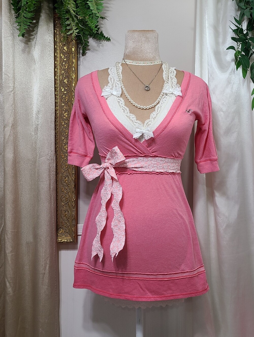 ♡ Y2K ♡ Hollister Pink Babydoll V Neck Waist Tie Half Sleeve Bella Swan Top